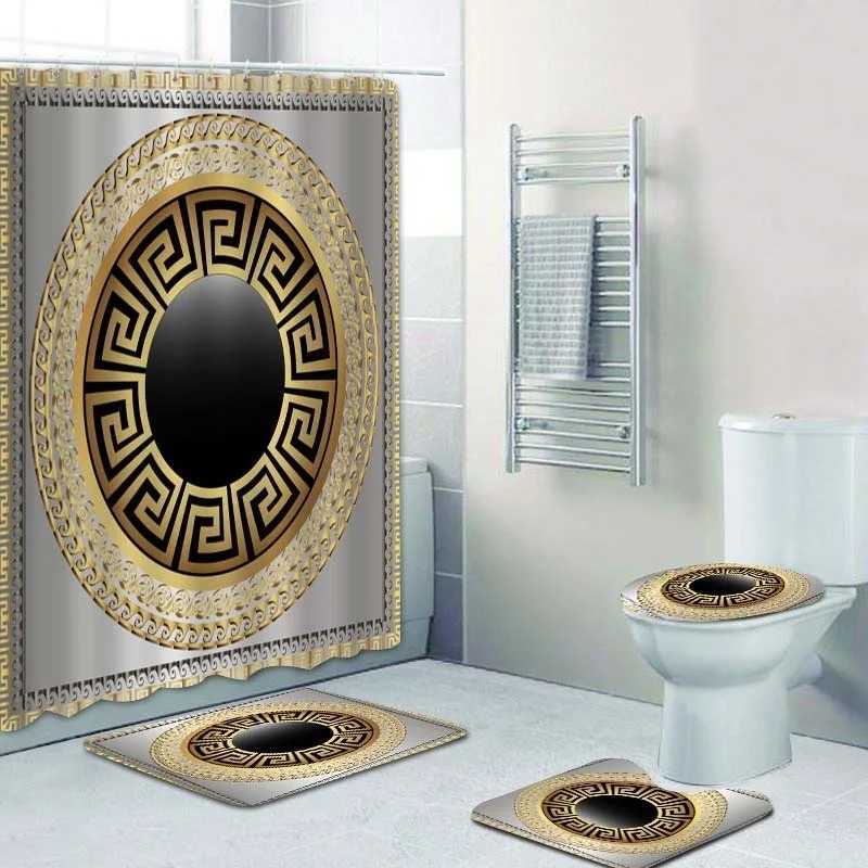 3D Luxury Black Gold Greek Key Meander Baroque Bathroom Curtain Shower Curtain Set Modern Geely Bathroom Carpet Decoration Y241203