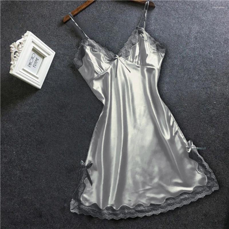 Women's Sleepwear Women Satin Sexy Bowknot Chemises Sleepdress Lace Panel V Neck Babydolls Charming Night Dress Solid Sling Lingerie Pijama