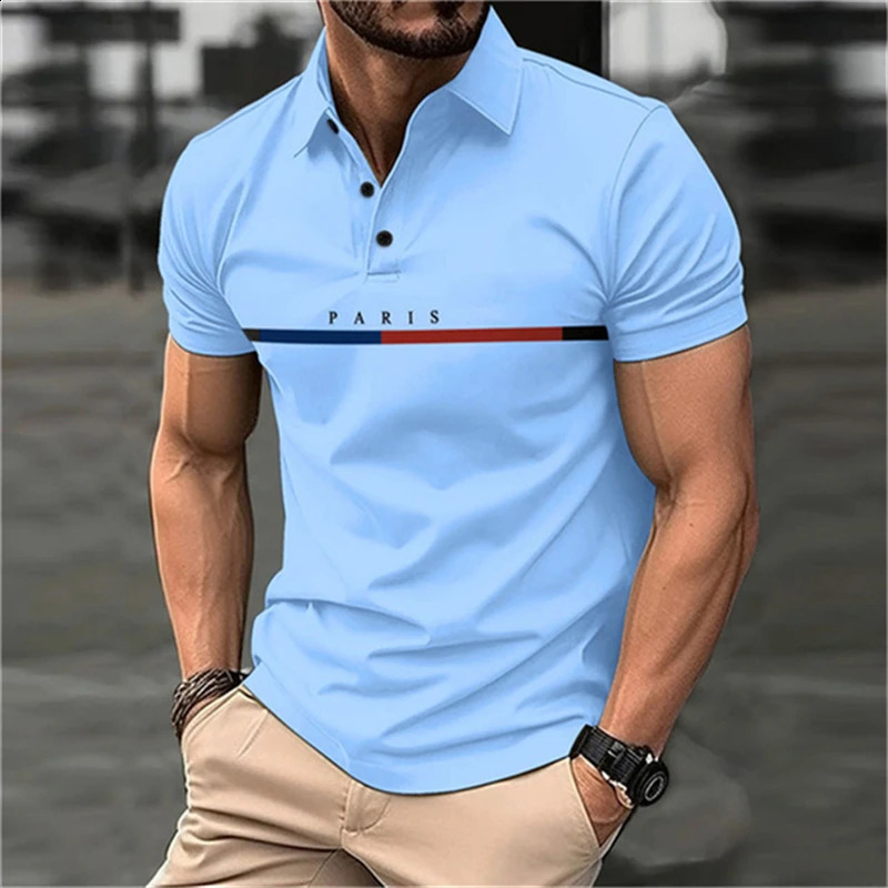 3D printed letter mens polo T-shirt fashionable street collar button up shirt breathable and comfortable short sleeved O-neck top 241203