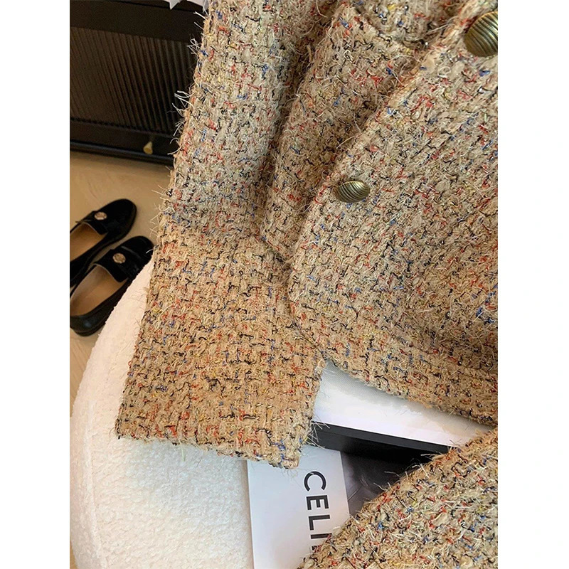 Vintage Tweed Jacket Women Elegant Cropped Coat Korean Long Sleeve Outerwear Fall Winter Ladies Single Breasted Chic Blazer 241202