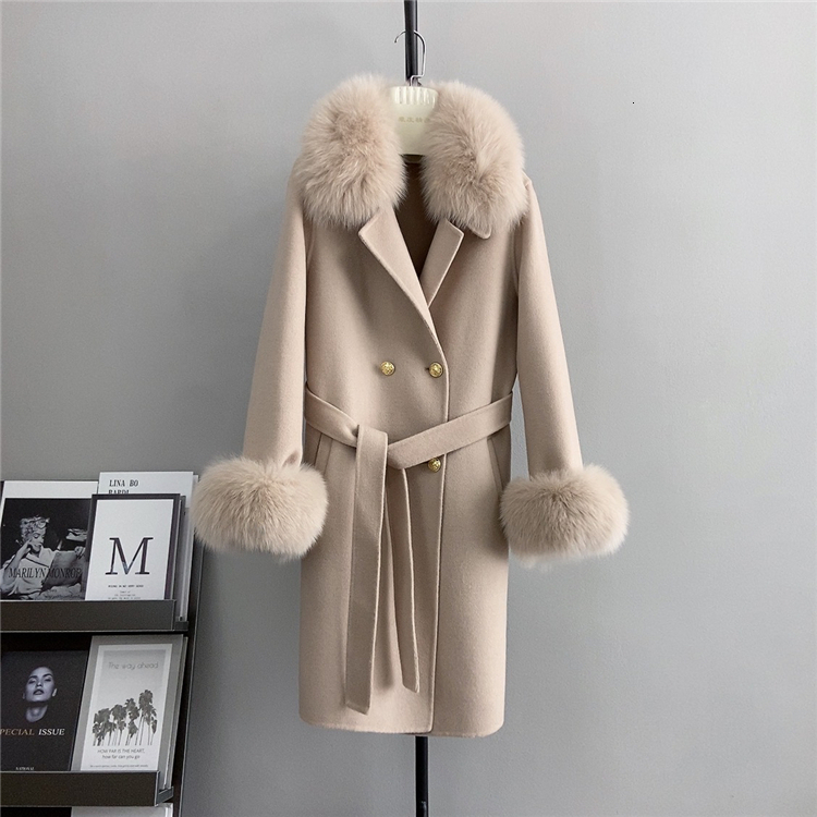 New autumn and winter fur coat for women double-sided woolen temperament woolen coat lace up double breasted fox fur collar 231026