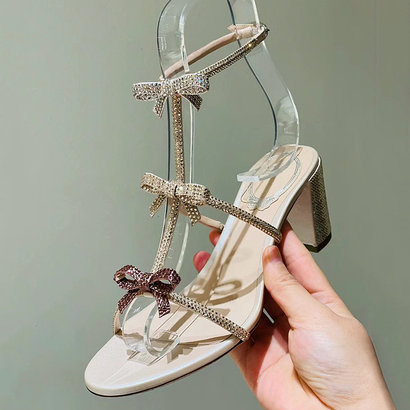 2024 Summer New RC Same Style Straw High Heels, Color Contrasting Water Diamond Butterfly Dew Toe Sandals, Women's Coarse Heels