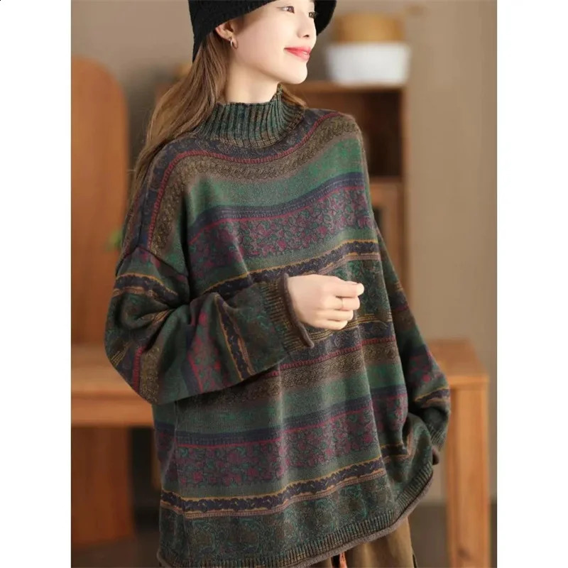Vintage Mock Neck Womens Sweater Spring Autumn Loose Casual Women Pullover Knitted Sweaters 241203