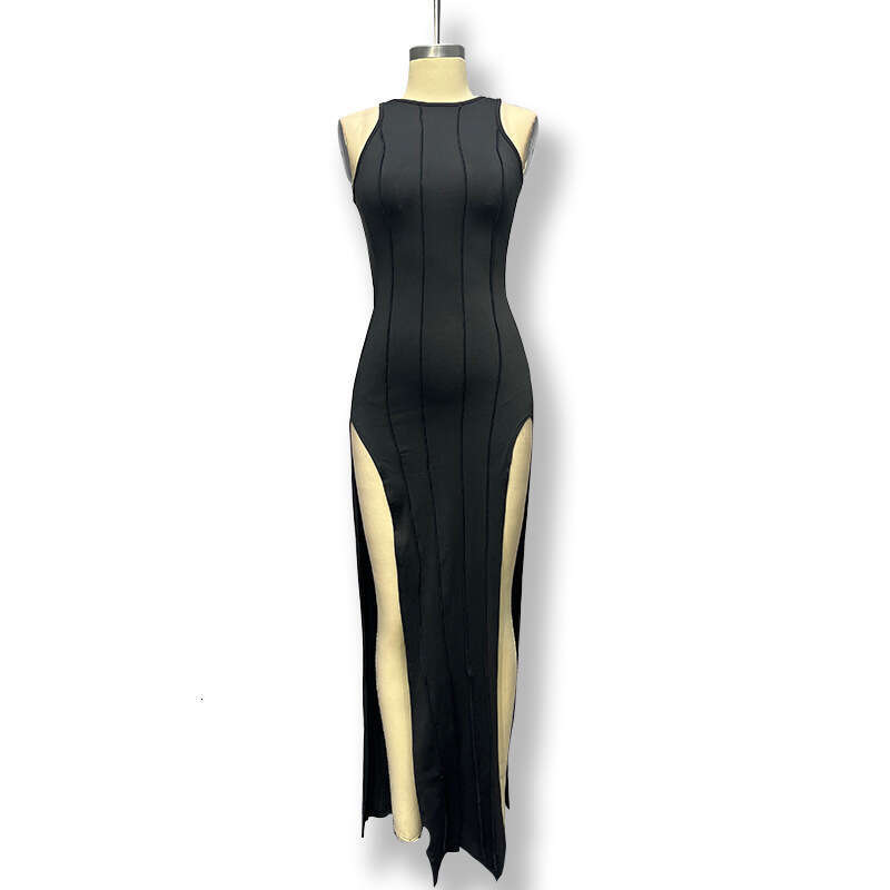 2024 autumn solid color round neck sleeveless long skirt with high slit and sexy slim fit dress