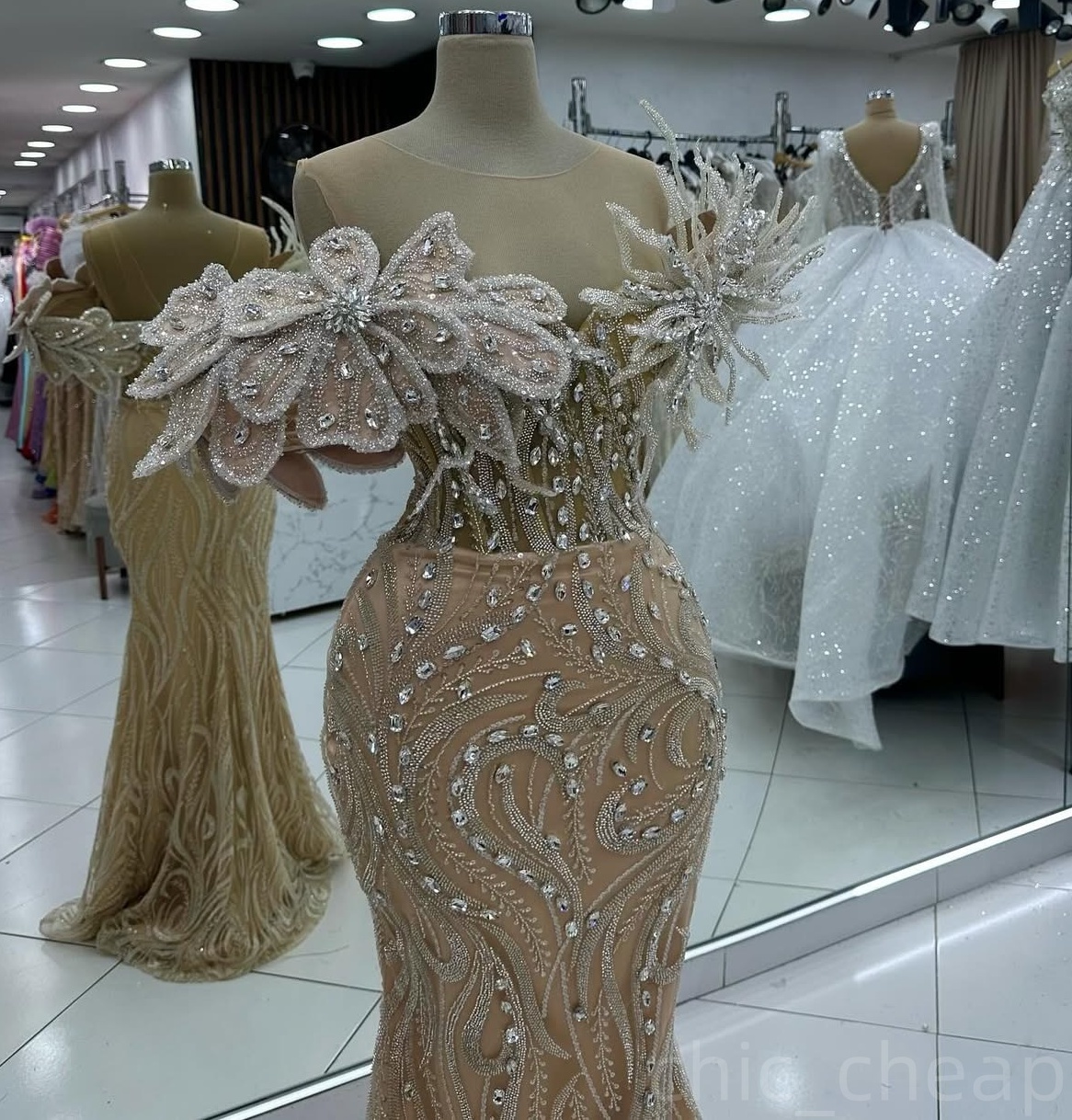 Champagne Illusion Mermaid Prom Dresses 2024 Florals Rhinestones Evening Formal Party Second Birthday Engagement Gowns Plus Size Dress For Special Occ