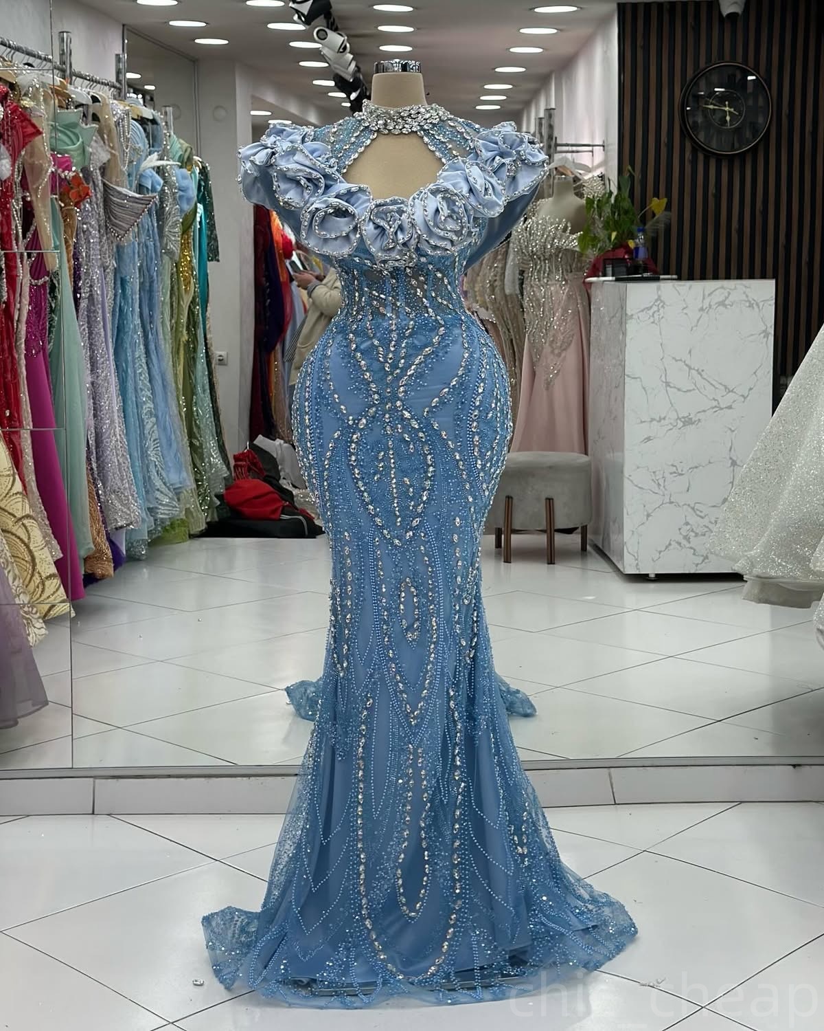 Light Sky Blue Mermaid Prom Dresses 2024 Crystals Flowers Lace Evening Formal Party Second Birthday Engagement Gowns Plus Size Dress For Special Occas