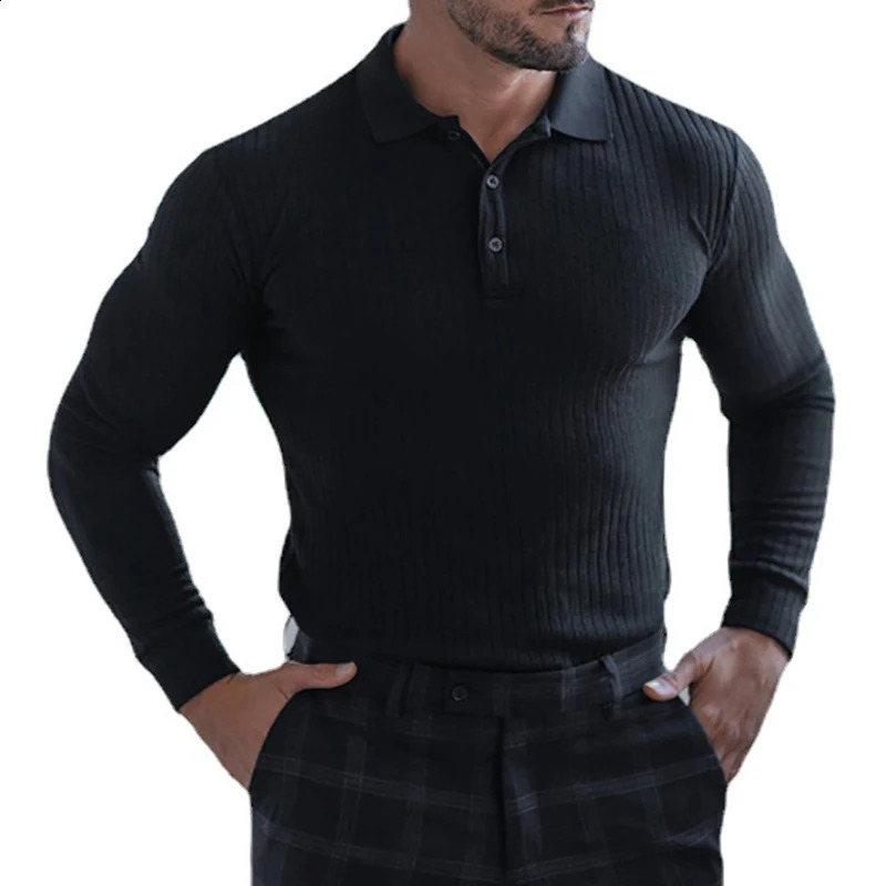 Autumn Knitted Long Sleeve Polo Shirt for Men Spring Sports Polo Shirt Gym Clothing Fitness Exercise Tight T-shirt Fitness T-shirt 241203