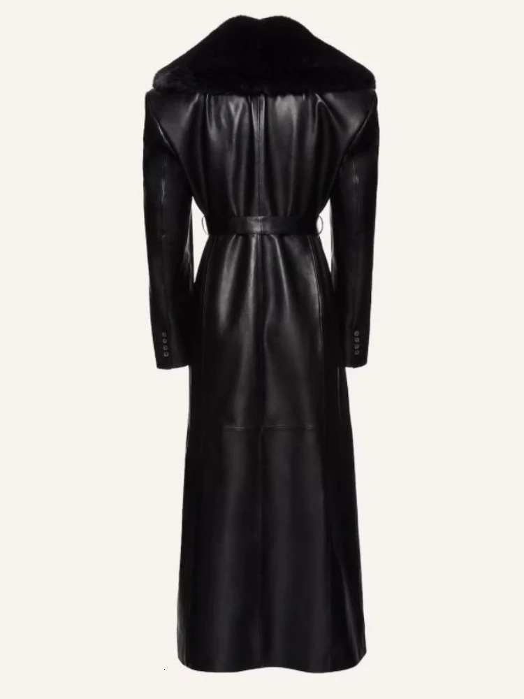 Womens XLong Leather Trench Coats Faux Fur Trim Collar Belted On Waist Slim Sheep Skin Black Coat Streetwea 241202