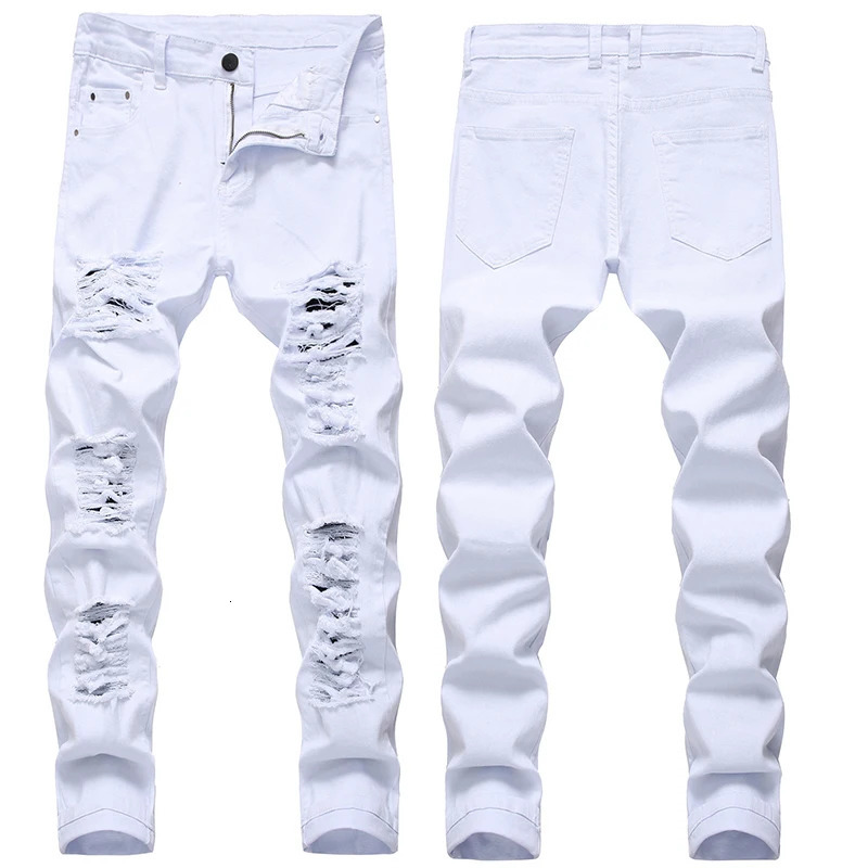 Hole denim pants mens trendy ripped jeans pure thin fully matched street hip-hop mens plus size 241203