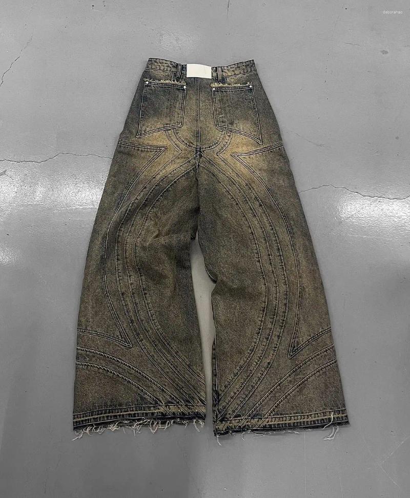 Men's Jeans Vintage Wash Paneled Wide-Leg For Men Fashion Streetwear Heavy Industry Punk Gothic Patchwork Denim Pants Y2k Baggy
