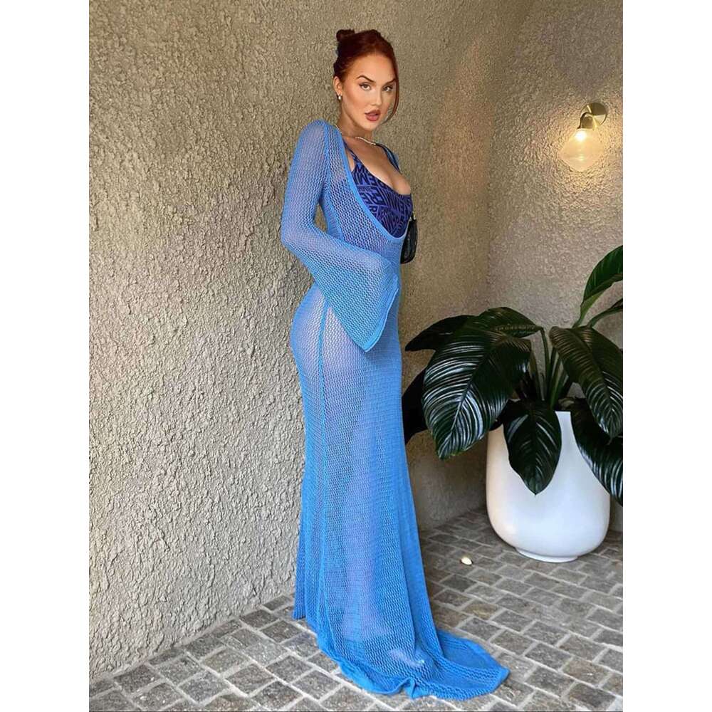 Round neck for women, elegant beach sun protection party, 2024 summer long sleeved sexy backless dress