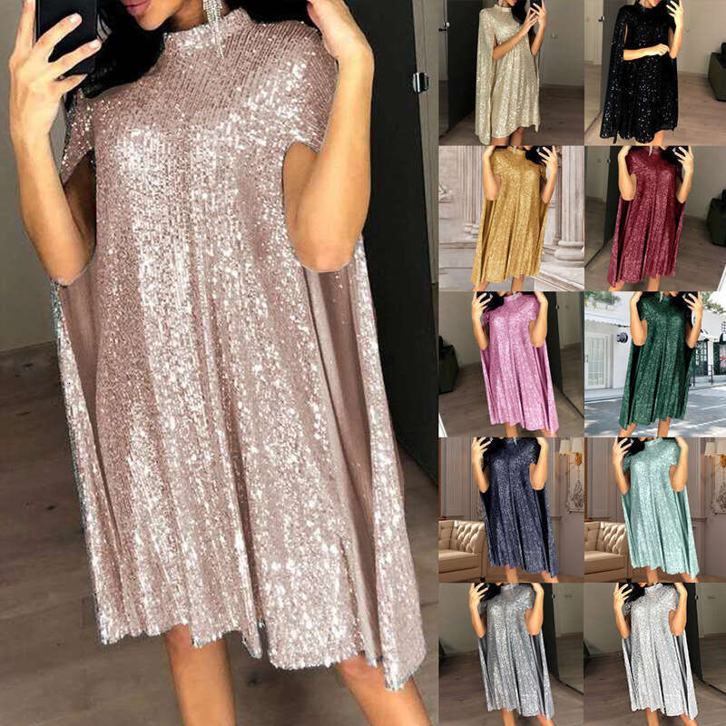 New European and American style small stand up collar sequined dress spring 2024, loose women's clothing, new casual fashion trend clothing for 2