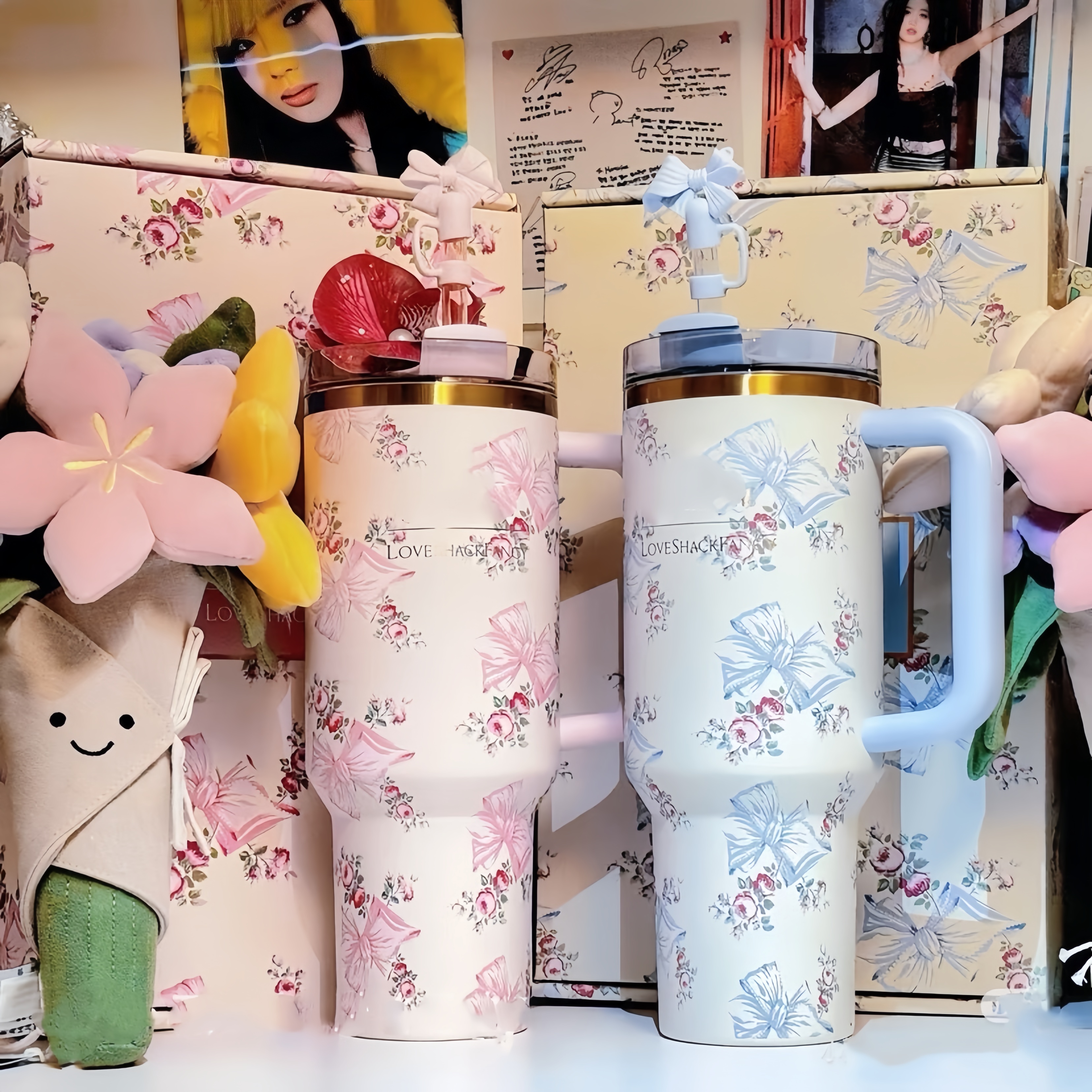 US Stock Tyla Tyger Christmas Magnolia Pink Rose Floral Cups 40Oz Stainless Steel Tumblers With Handle Lid And Straw Travel Car Mugs Love Shack Fancy 