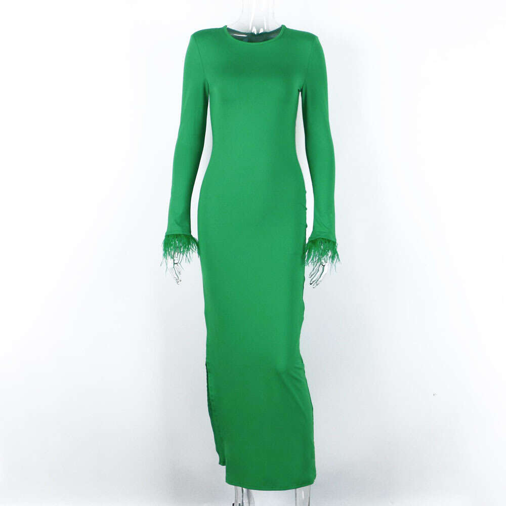 2023 style women's spring fashion temperament round neck solid color slim fit ostrich fur long sleeved dress