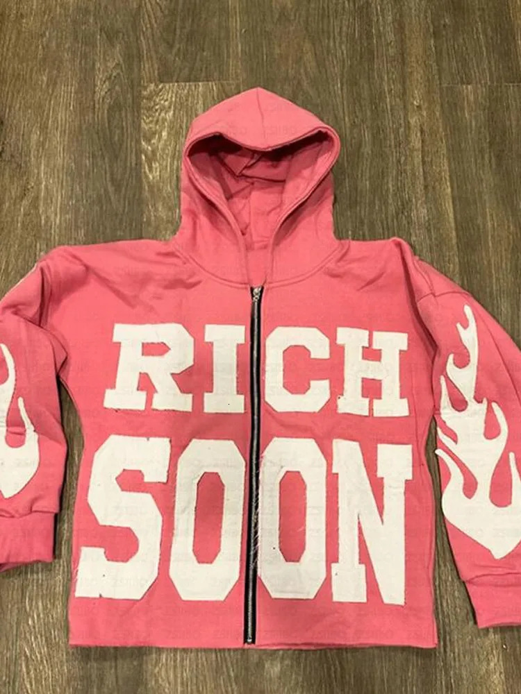 Street Rich Soon Printed Hoodie Male Fashion Y2k Long Sleeve Zipper Hooded Sweatshirt 2024 Autumn Pocket Loose Jacket Coat 241202