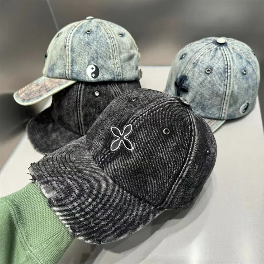 Flora Cheong Leens denim cross embroidered baseball cap in the same style female couple toe cap male Smfk torn Distressed hat 241203