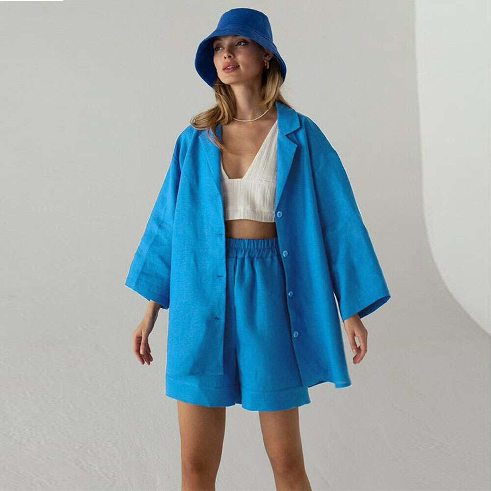 Cotton and linen shorts set, women's loose collared single breasted shirt+high waisted straight leg pants fashion set