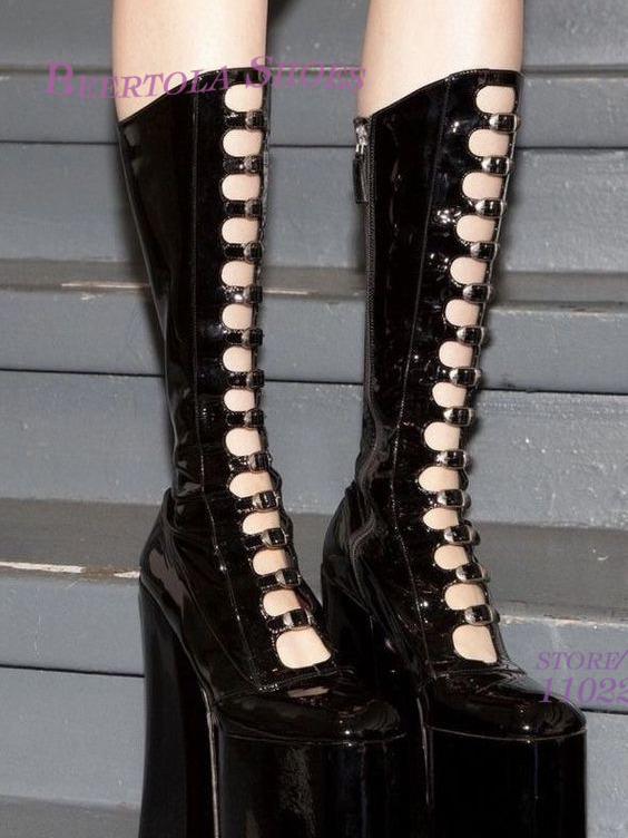 Pole Girls Bright Black Leather Pink Satin Platform Buckle Boots Sexy Hollow Chunky Heel Bg Purple Straps Elegant Zipper Shoe