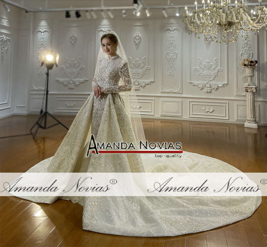 Customized High Neck Full Lace Cover 2 in 1 Wedding Dress Muslim