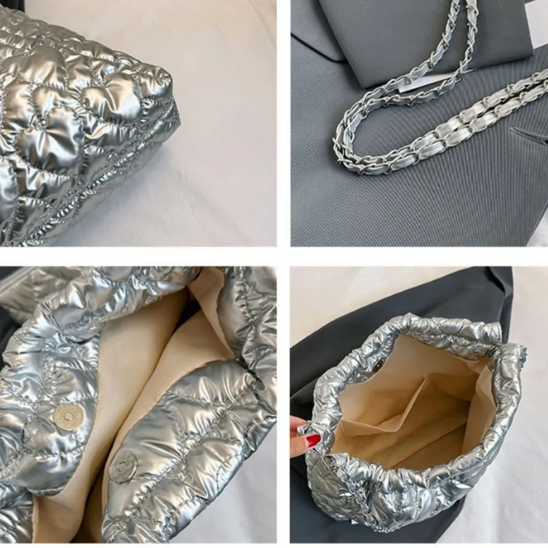 Autumn Winter Quilted Diamond Womens Silver Shoulder Bag Fashion Y2K Soft Bucket Tote Bag Trends Handbags and Purses 241202