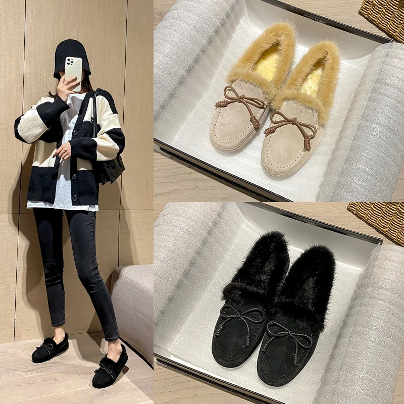 Classic Bowtie Mocasines Woman Mink Fur Flats Genuine Leather Shoes Ladies Winter Furry Boots Warm Plush Cotton Loafers Femmes 241202