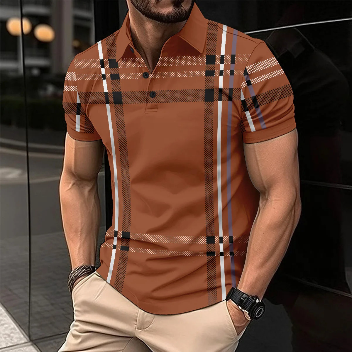 Summer Fashion Mens Striped Polo Shirt Flip Collar Button Mens Short Sleeve Street Trendy Mens Top 241203