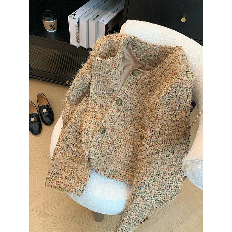 Vintage Tweed Jacket Women Elegant Cropped Coat Korean Long Sleeve Outerwear Fall Winter Ladies Single Breasted Chic Blazer 241202