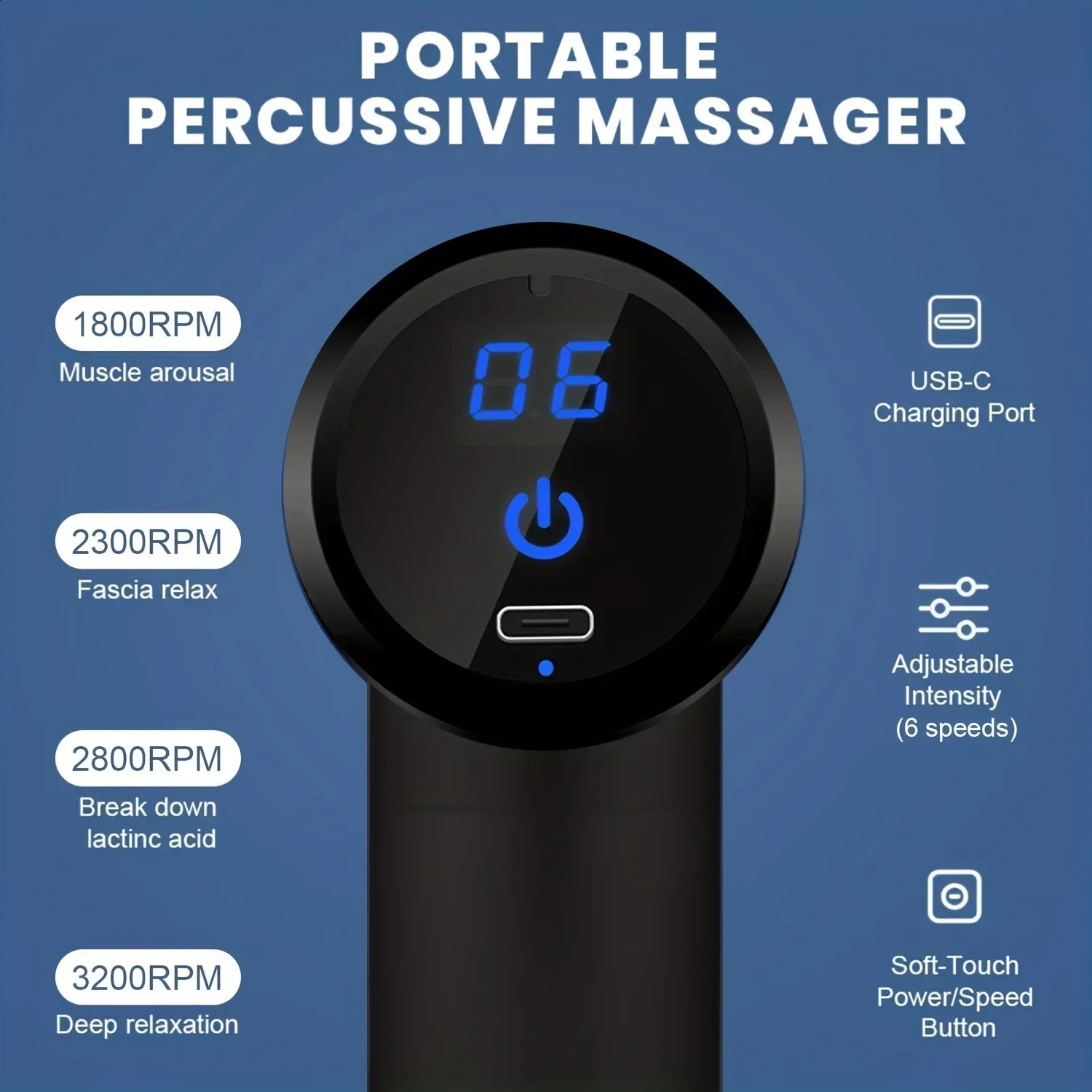 Portable Fascia Massage Gun Electric Percussion Pistol Massager Body Massage with LED Touch Screen 4 Replaceable Massage Heads 241203
