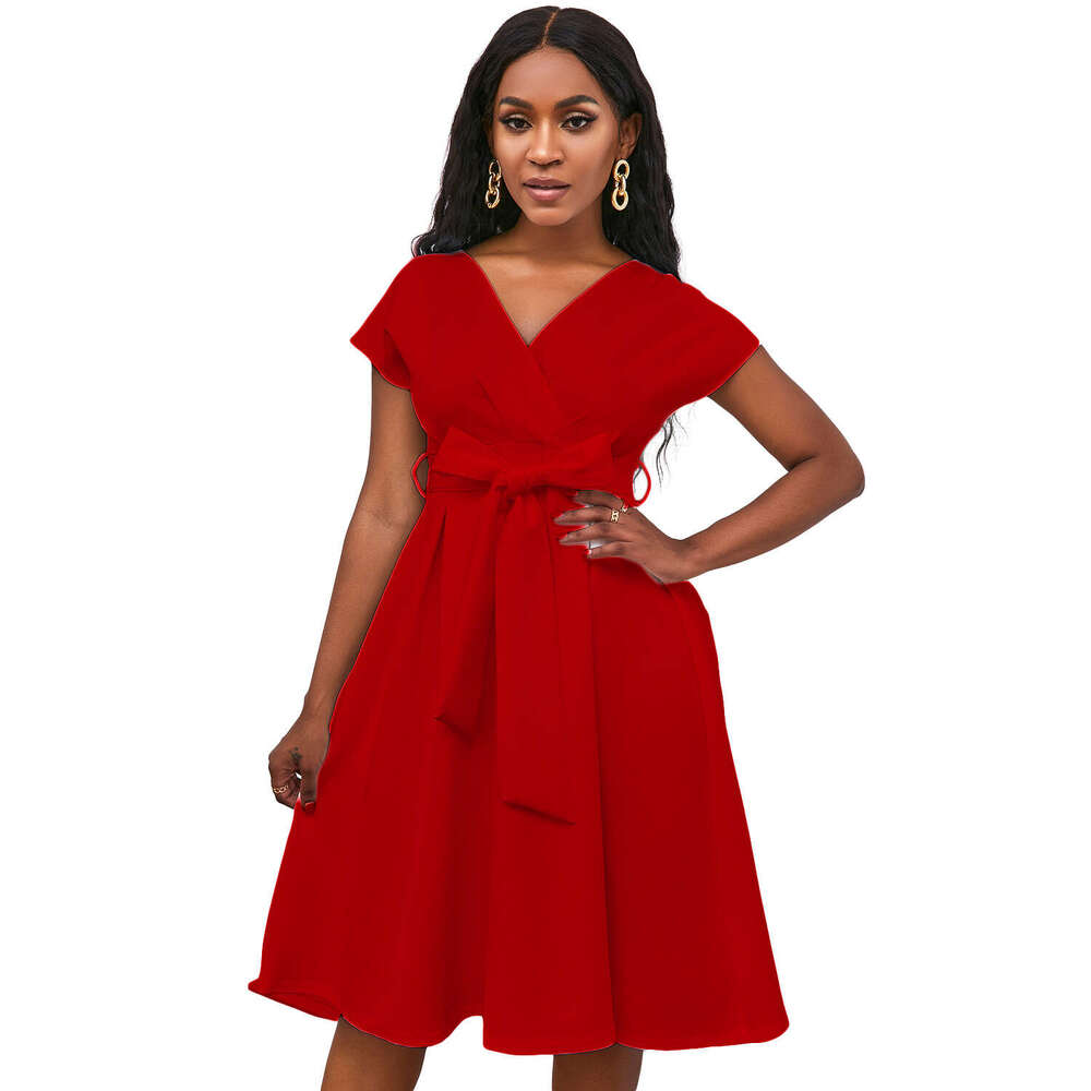Summer V-neck solid color waistband bow tie large hem formal dress