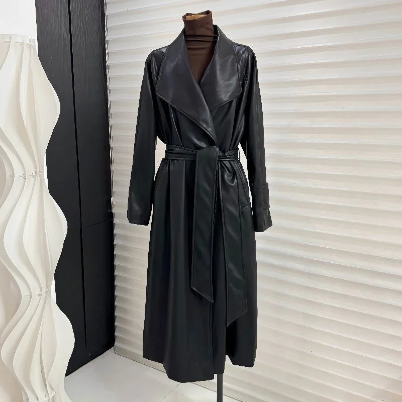 Women PU Leather Windbreaker Lapel Solid Color Belt Mid Length Trench Coat Vintage Cool Streetwear Clothes 241202