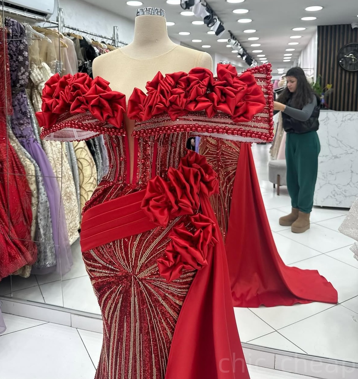 Red Mermaid Prom Dresses 2024 Crystals Pearls Sequined Satin Evening Formal Party Second Birthday Engagement Gowns Plus Size Dress For Special Occasio