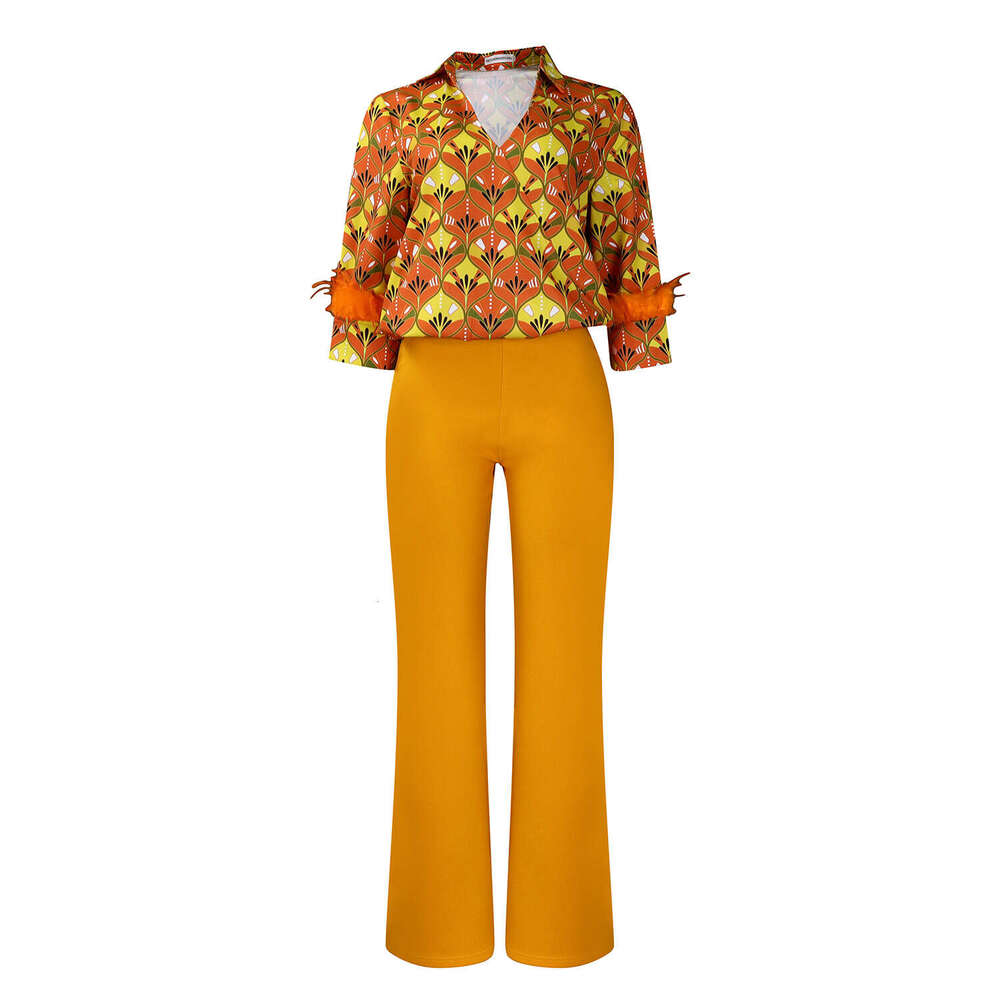 D541 women's printed long sleeved shirt with elegant temperament and wide leg pants fashion set