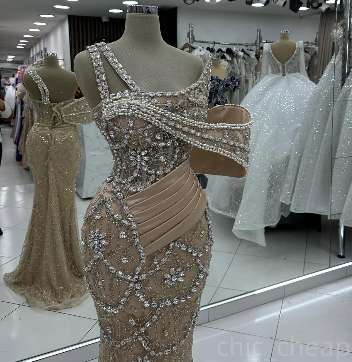 Champagne Illusion Mermaid Prom Dresses 2024 Rhinestones One Shoulder Evening Formal Party Second Birthday Engagement Gowns Plus Size Dress For Specia