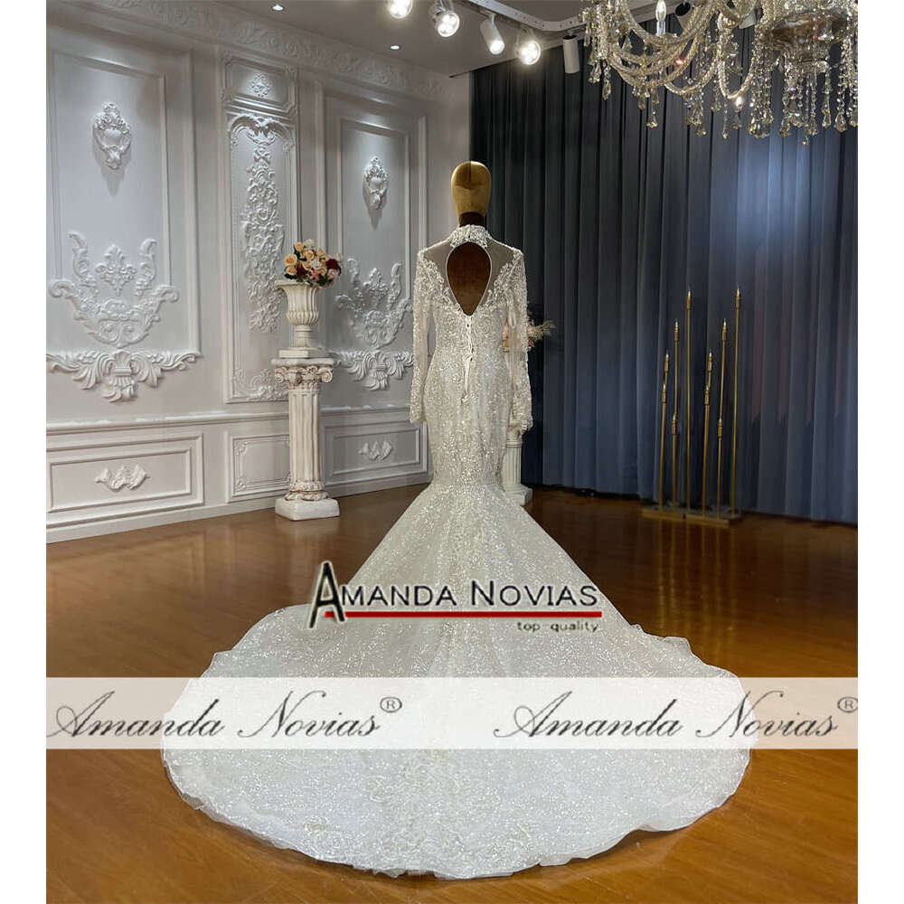 Customized High Neck Full Lace Cover 2 in 1 Wedding Dress Muslim