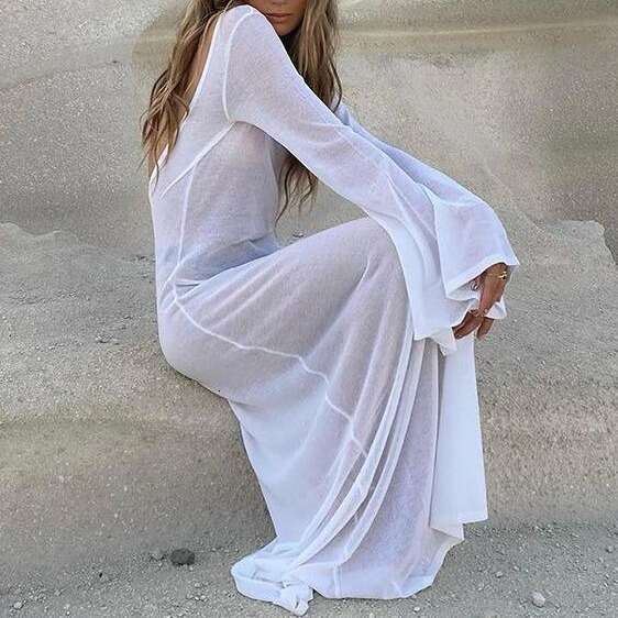 2023 summer new sexy backless sleeved see through mesh long dress