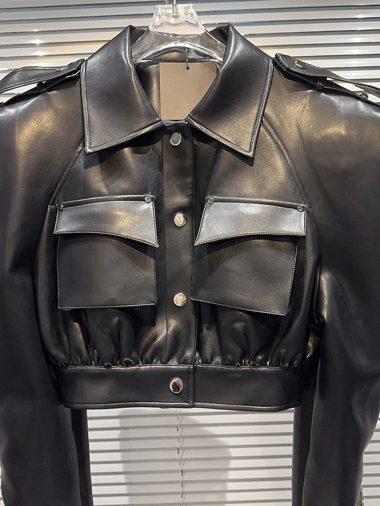 DEAT Streetwear Pocket PU Leather Black Coat For Women Long Sleeve Single Breasted Lapel Jacket 2024 Spring Female 11XX5280 241202