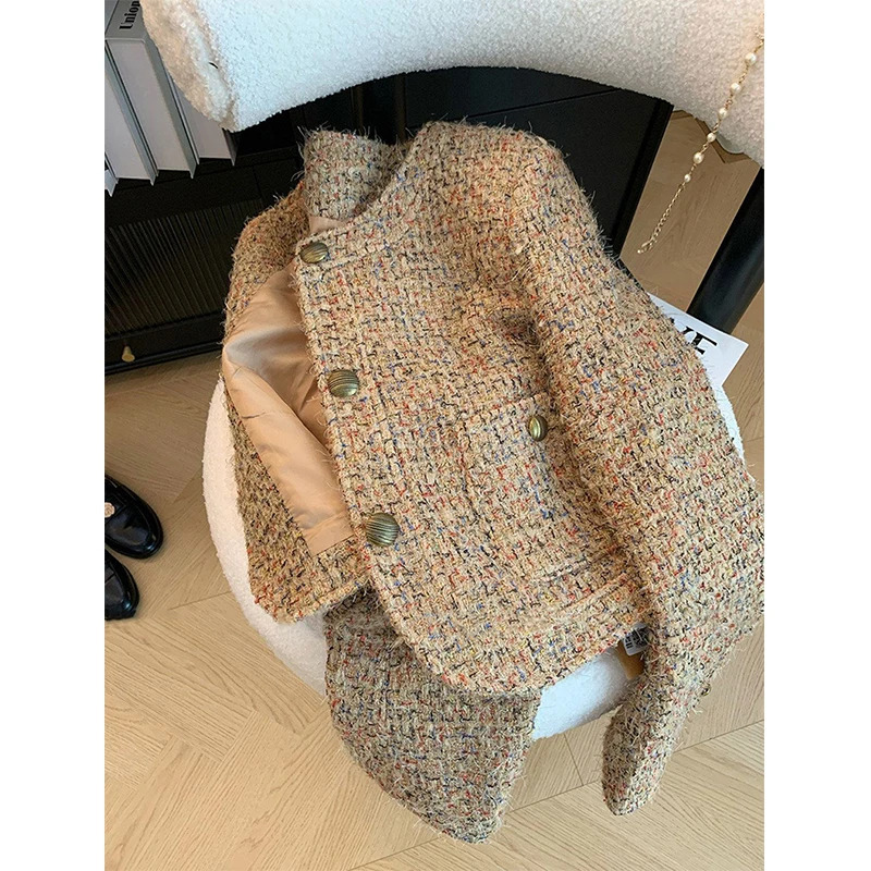 Vintage Tweed Jacket Women Elegant Cropped Coat Korean Long Sleeve Outerwear Fall Winter Ladies Single Breasted Chic Blazer 241202