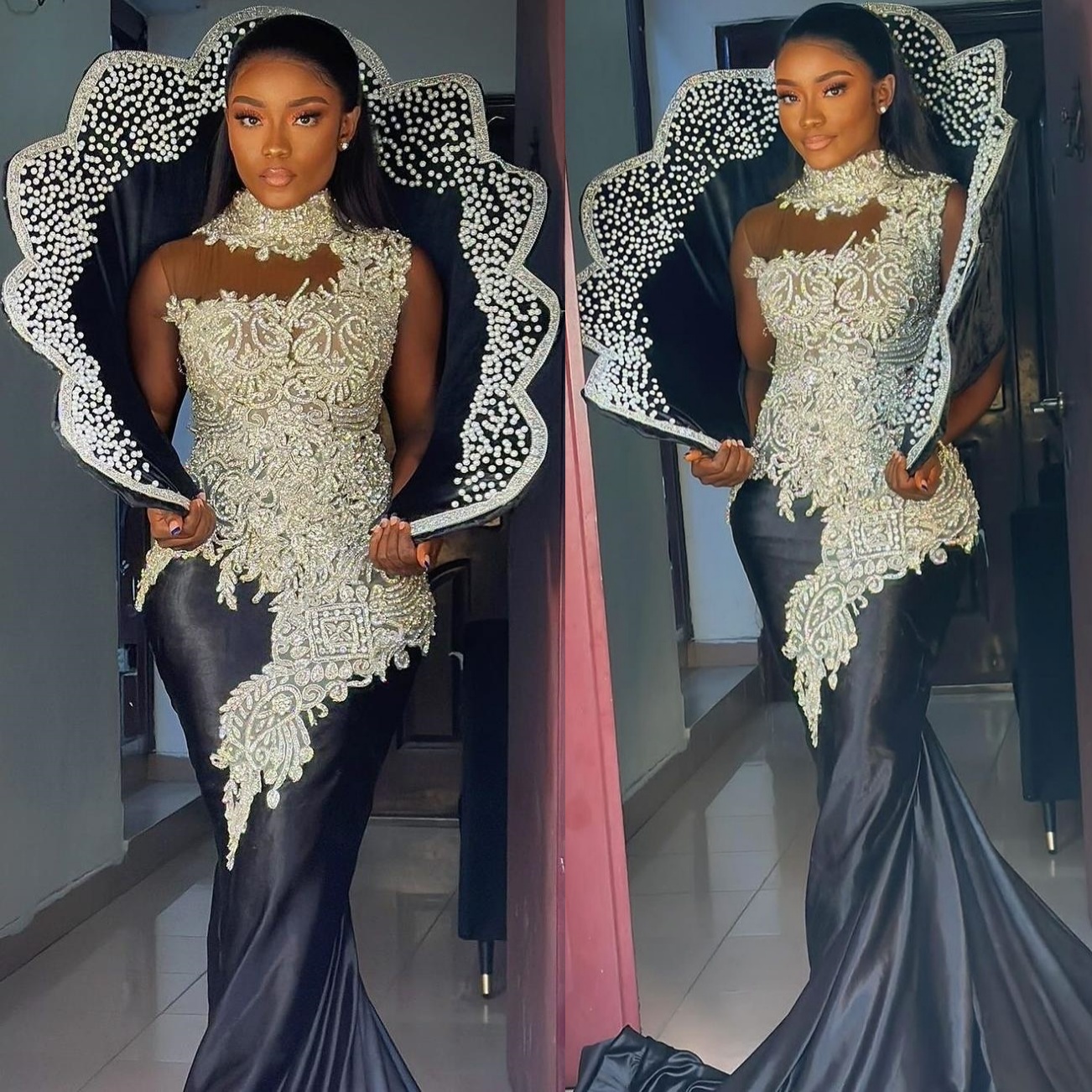 Black Mermaid Prom Dresses 2024 Pearls Beaded Lace Satin Stylish Evening Formal Party Second Birthday Engagement Gowns Plus Size Dress For Special Occ