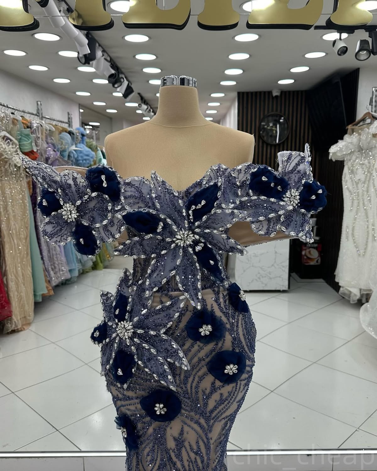 Navy Blue Illusion Mermaid Prom Dresses 2024 Flowers Crystals Sequined Evening Formal Party Second Birthday Engagement Gowns Plus Size Dress For Speci