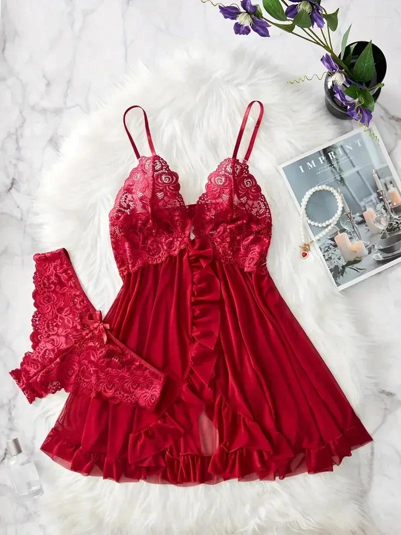Women's Sleepwear Women Nightdress Sexy Lace Chemise Bow Nightgown Solid Slim Soft Dresses V Neck Full Slip &