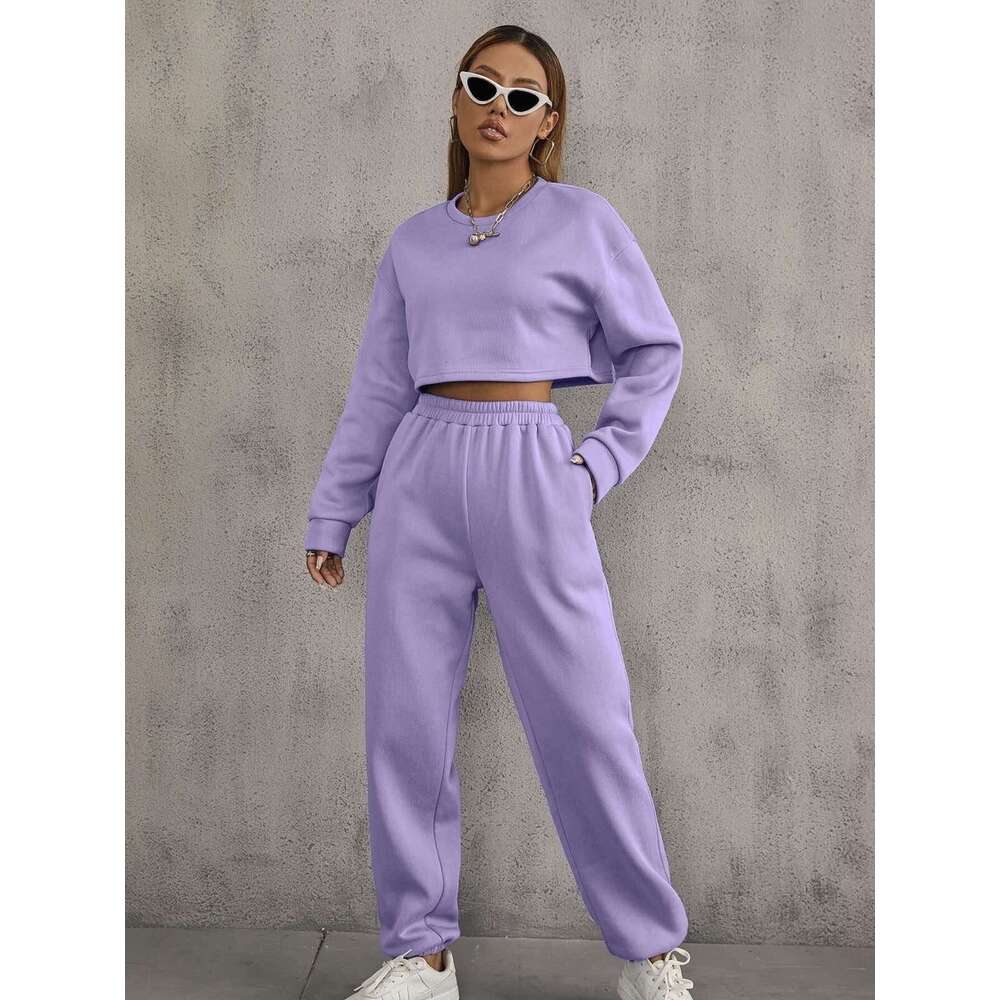 Autumn winter solid color round neck pullover pants, casual and fashionable long sleeved hoodie set, waffle new style