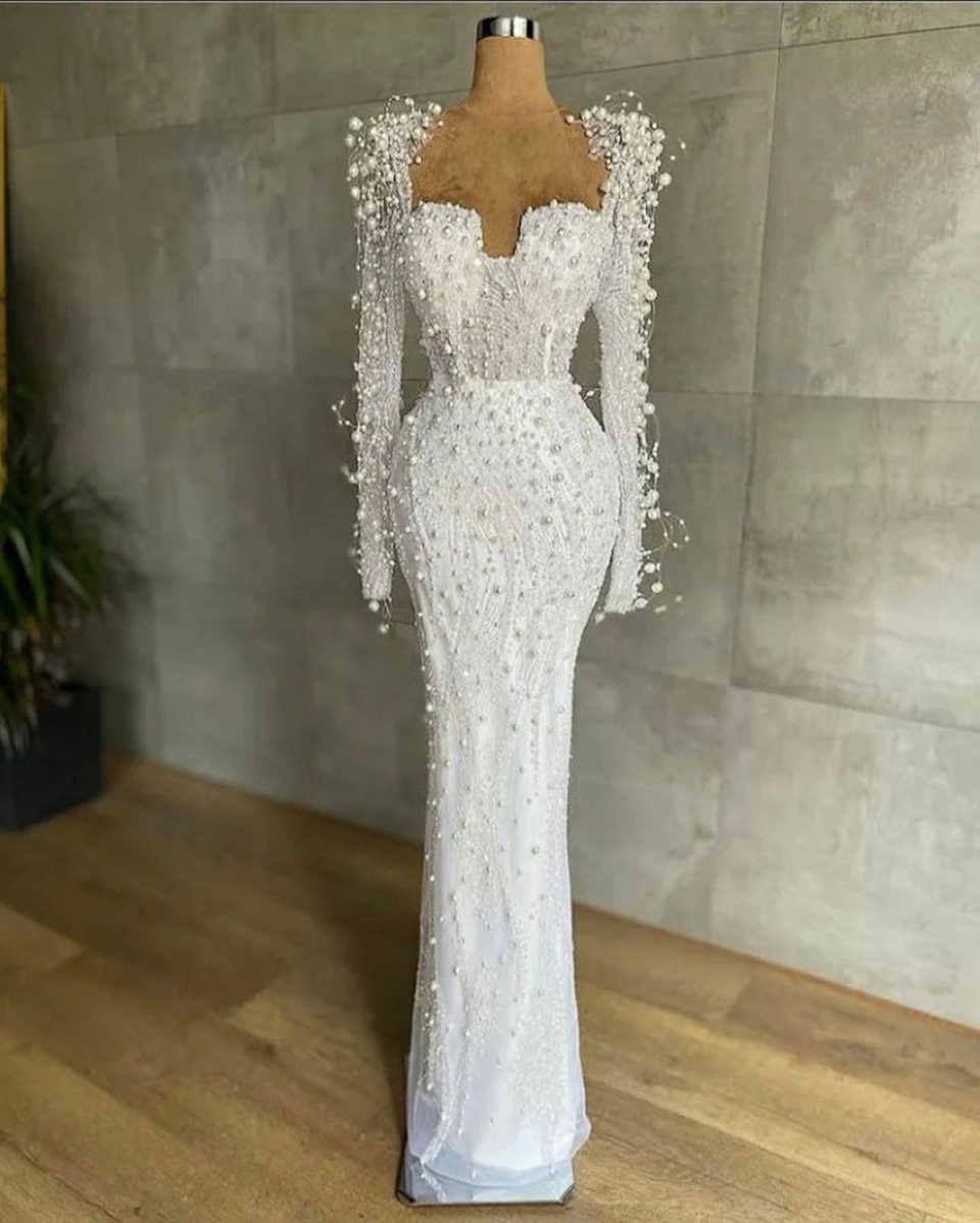 Mermaid Wedding Dresses For Women Sweetheart Neck Long Sleeves Bridal Gown Sequins Pearls Sweep Train Customized Dress vestidos de novia