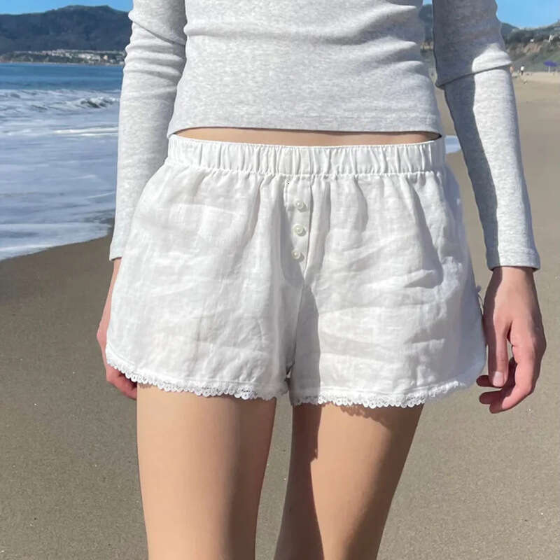Women's summer striped woven elastic high waisted button loose casual comfortable basic shorts