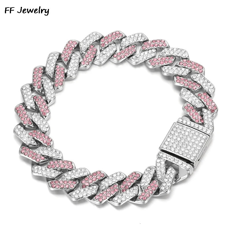14mmHip Hop Shiny Cuban Link Chain Bracelets Women Men PINK Color Rhinestone Iced Out Chain Bracelets Punk Wristband Jewelry 241203