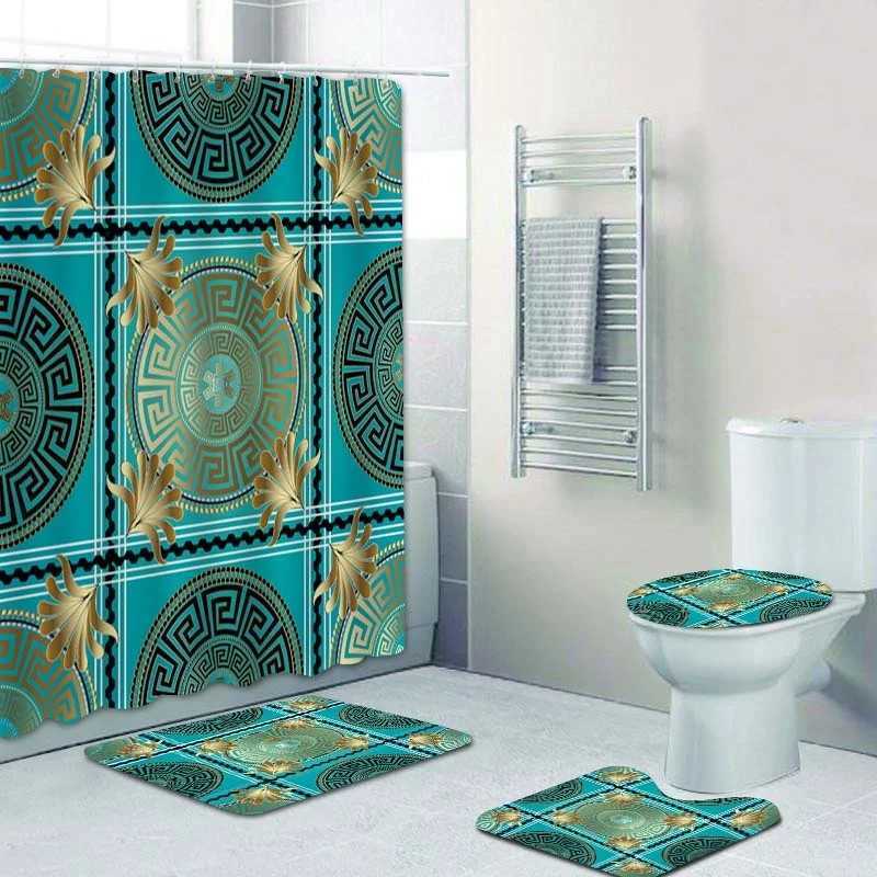 3D Luxury Black Gold Greek Key Meander Baroque Bathroom Curtain Shower Curtain Set Modern Geely Bathroom Carpet Decoration Y241203