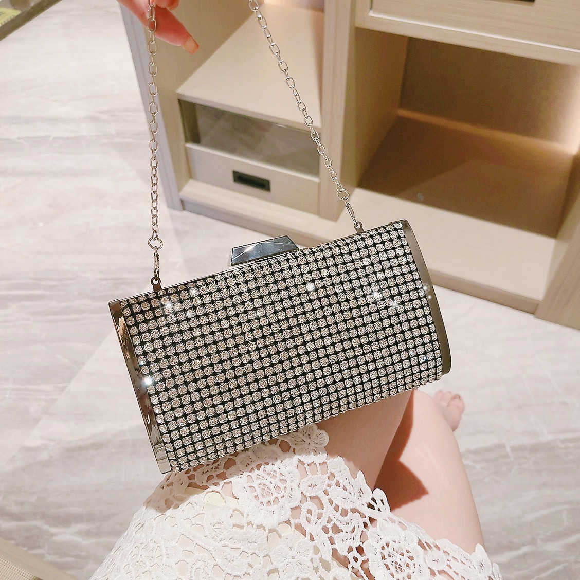 Socialite rhinestone dinner bag, fashionable full diamond small bag, formal dress small square bag, crossbody chain bag, banquet party bag