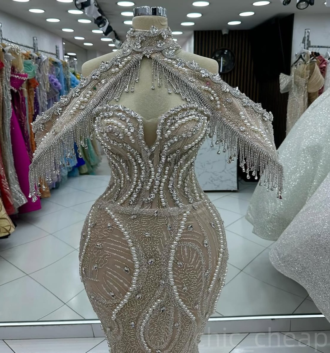 Champagne Illusion Mermaid Prom Dresses 2024 Pearls Crystals Sequined Evening Formal Party Second Birthday Engagement Gowns Plus Size Dress For Specia