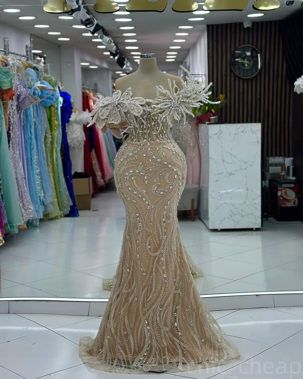 Champagne Illusion Mermaid Prom Dresses 2024 Florals Rhinestones Evening Formal Party Second Birthday Engagement Gowns Plus Size Dress For Special Occ
