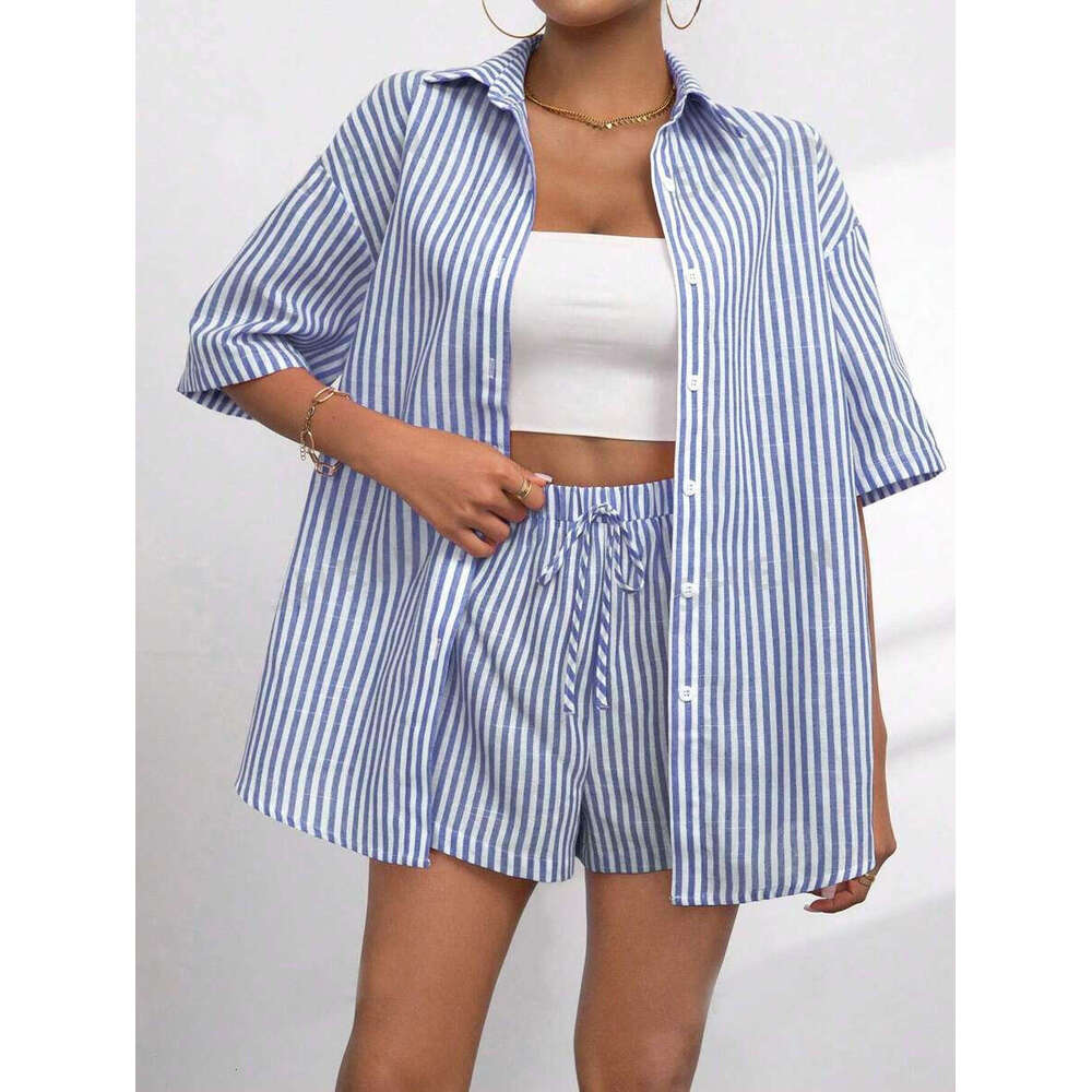 Fashion suit women's 2024 summer collar casual striped short sleeved pants, two pieces