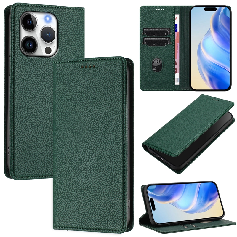 16E Business Litchi Leather Wallet Cases For Iphone 17 Air 16 Plus 15 Pro Max 14 13 12 11 X XR XS Suck Closure Magnetic Flip Cover Leechee Card Slot H